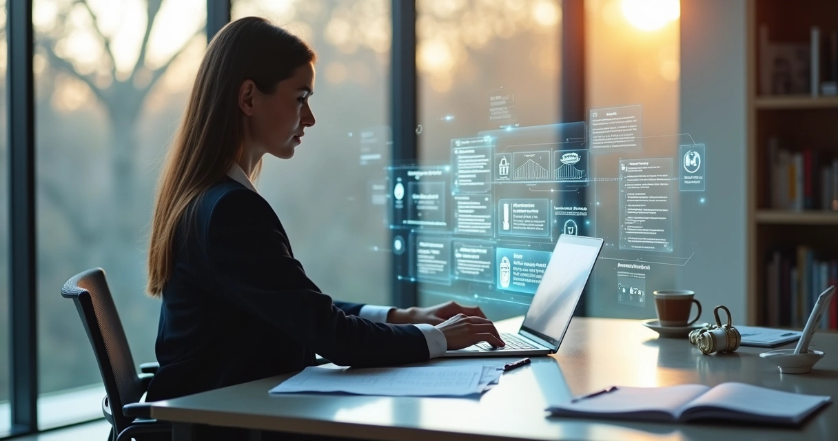 Advogada digitando em laptop com visão de tela mostrando fluxos de trabalho jurídicos digitais 