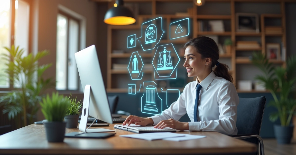 Advogado usando tecnologia jurídica em mesa com computador e documentos 