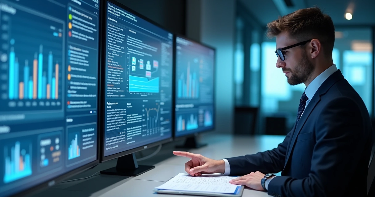 Advogado utilizando painel digital de automação e gráficos de processos jurídicos 