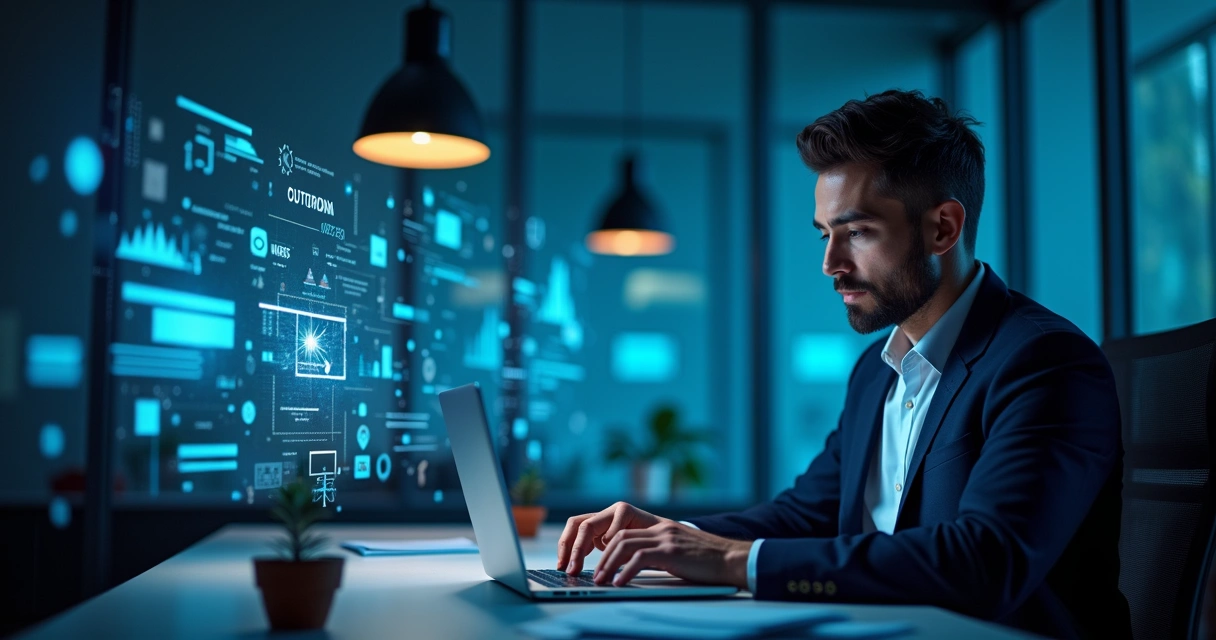 Advogado moderno em escritório com laptop, gráficos de produtividade, simbolizando IA na rotina jurídica.