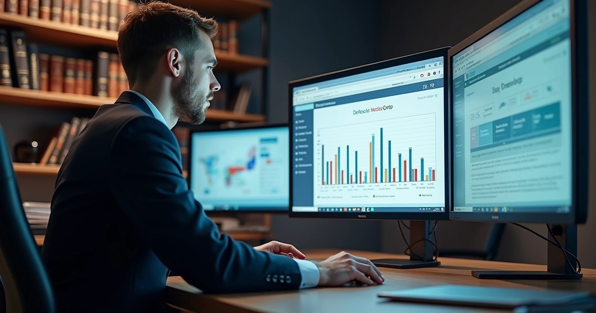 Advogado ou contador analisando tela de sistema tributário com gráficos e fluxo digital.
