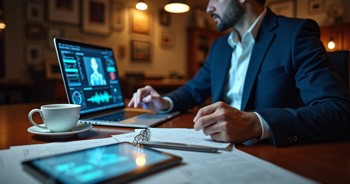 Advogado analisando vídeos e áudios digitais em notebook e tablet 