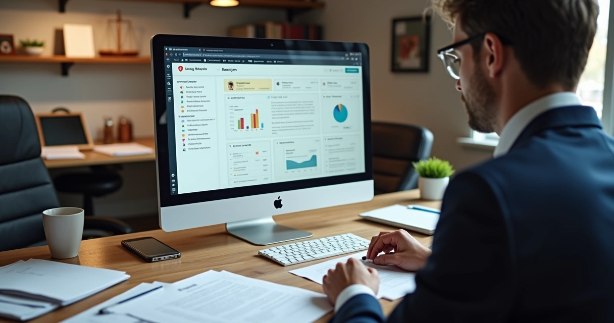 Advogado trabalhando em escritório com cartas e computador 