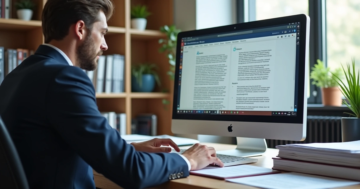 Advogado analisando jurisprudências em computador no escritório. 