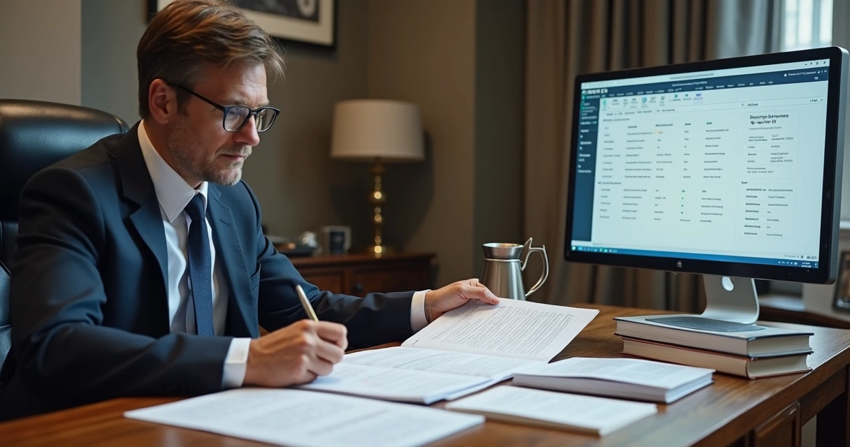 Advogado analisando documentos jurídicos em mesa de escritório 