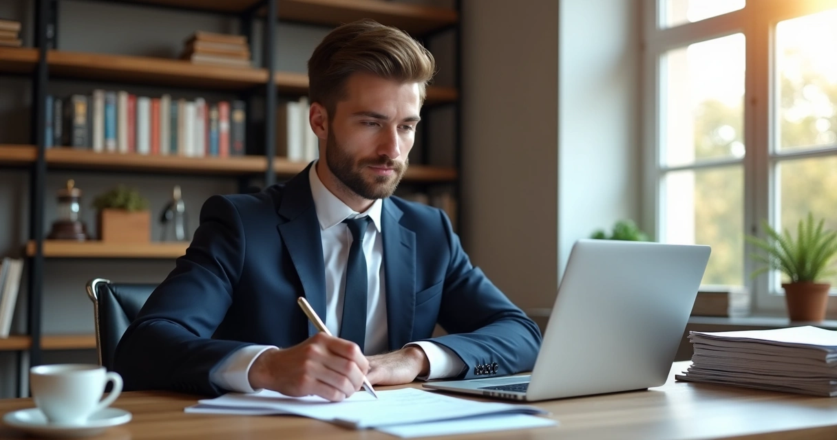Advogado com notebook trabalhando remotamente em casa 