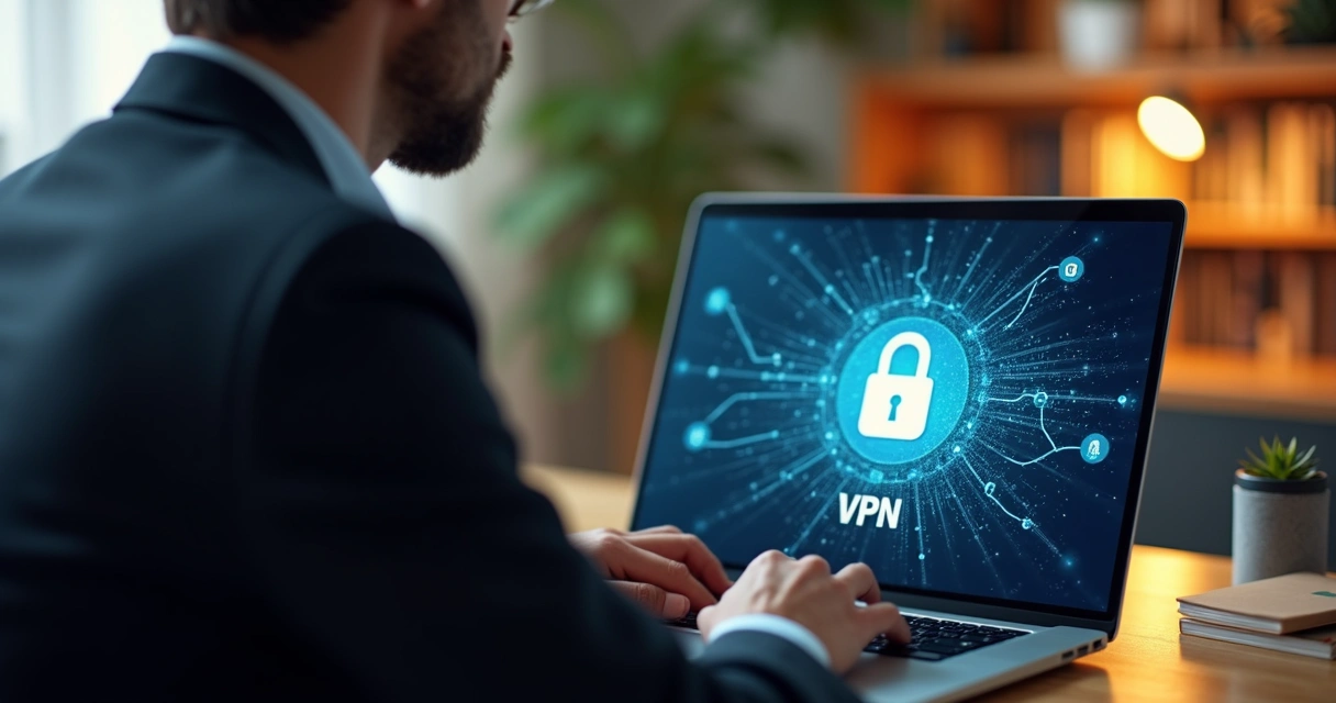 Advogado trabalhando remotamente com conexão protegida por VPN 