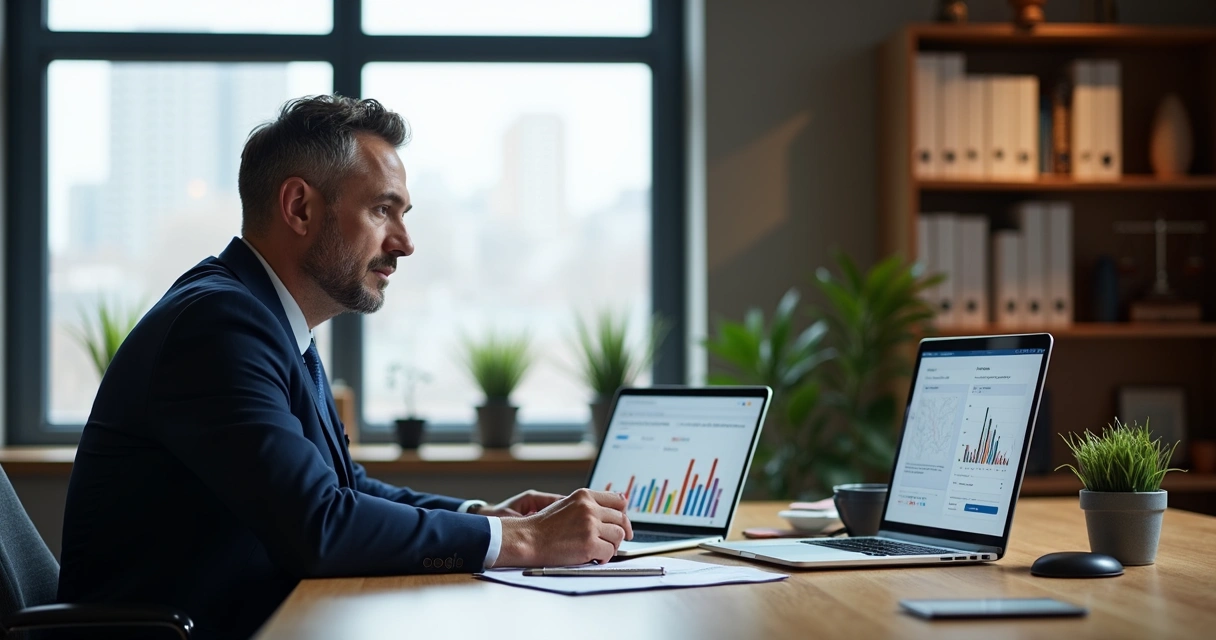 Advogado usa notebook para analisar campanhas de Google Ads em escritório