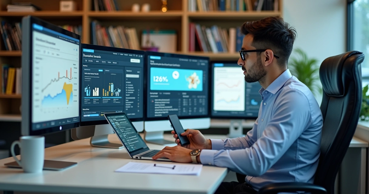 Advogado em escritório digital usando notebook e celular para gerenciar campanhas de Meta Ads