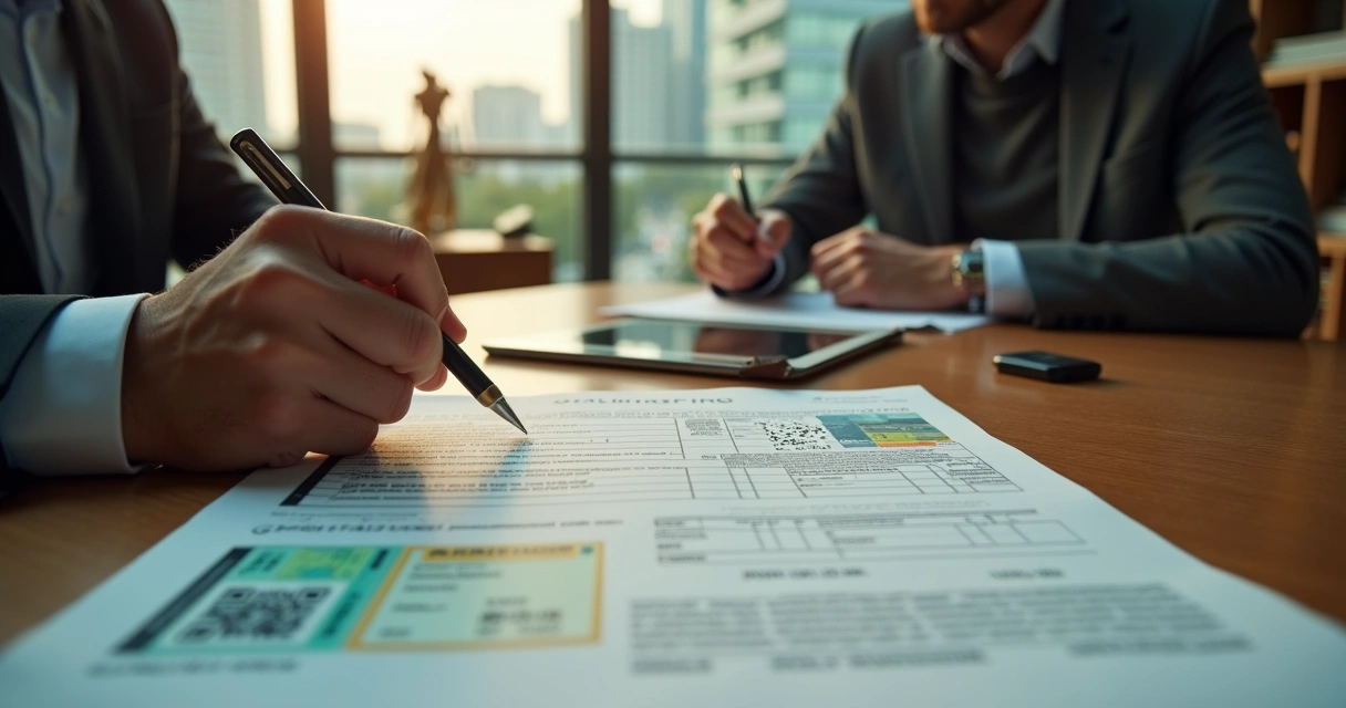 Advogado analisando multa de trânsito com motorista em escritório moderno 