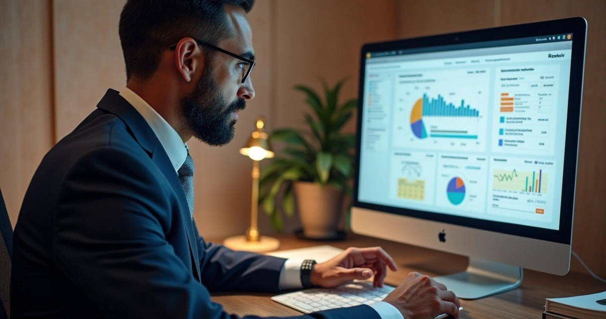 Advogado analisando triagem com gráficos em tela