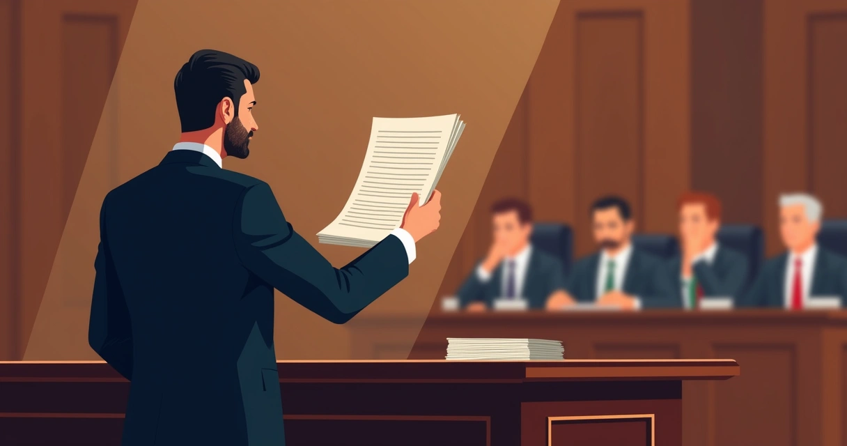 Advogado segurando laudo técnico durante sustentação oral no tribunal 