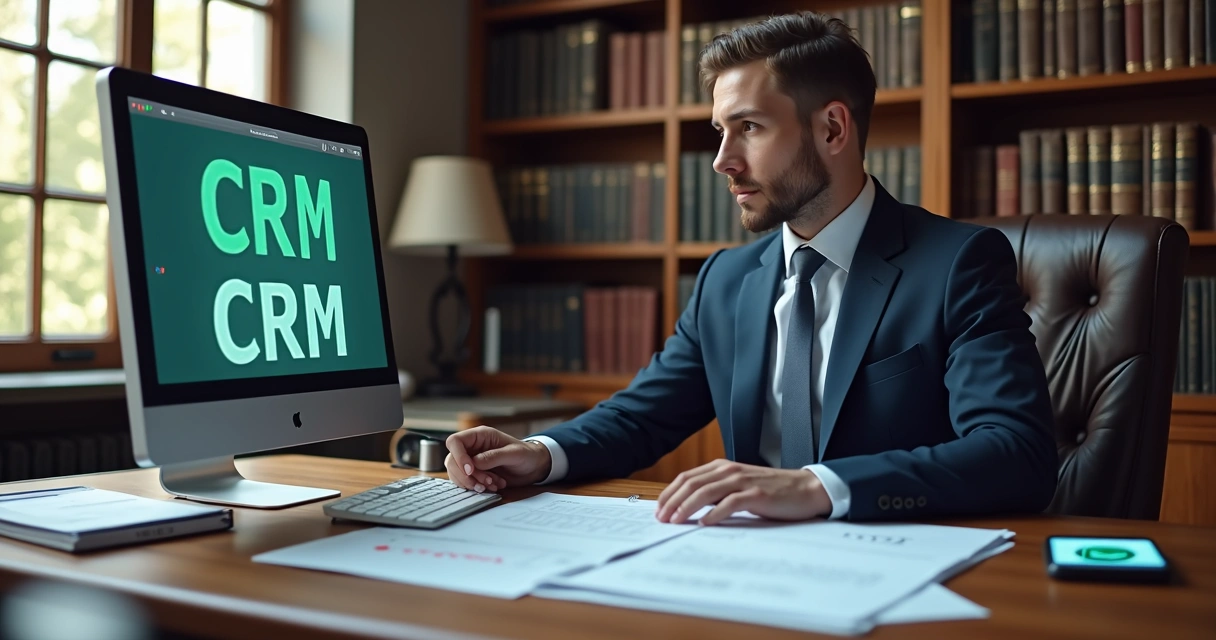 Advogado usando CRM jurídico no computador 