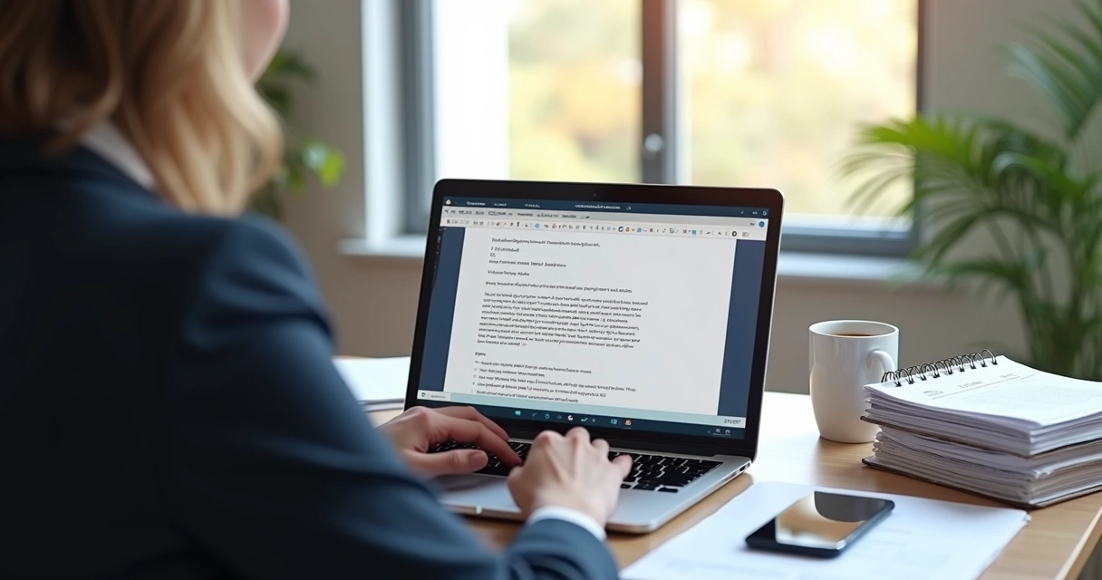 Advogado autônomo trabalhando em editor de texto inteligente no computador, com interface digital moderna e documentos jurídicos ao redor 