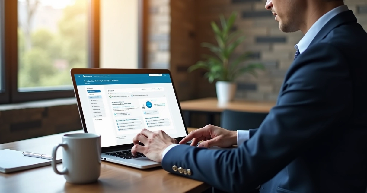 Advogado usando plataforma de IA Advtechpro em notebook 
