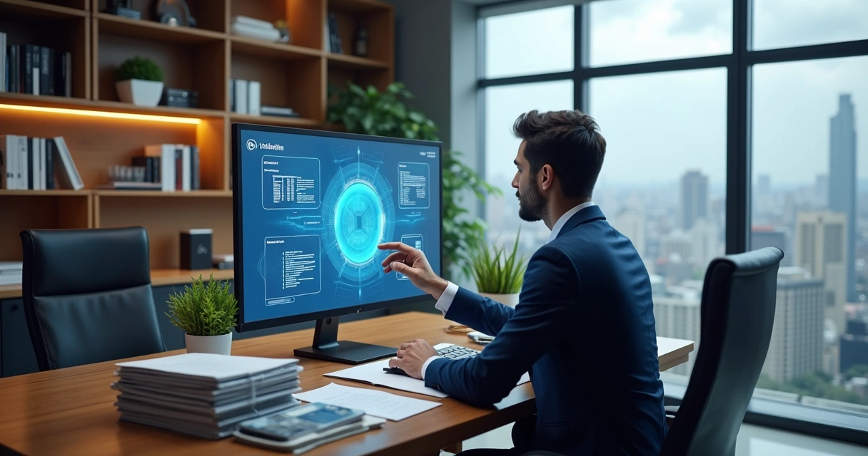 Advogado em ambiente de escritório analisando documentos digitais com interface de IA 