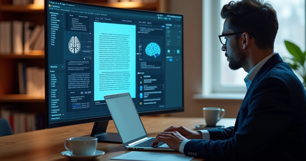 Advogado digitando em notebook com interface de IA jurídica aberta 