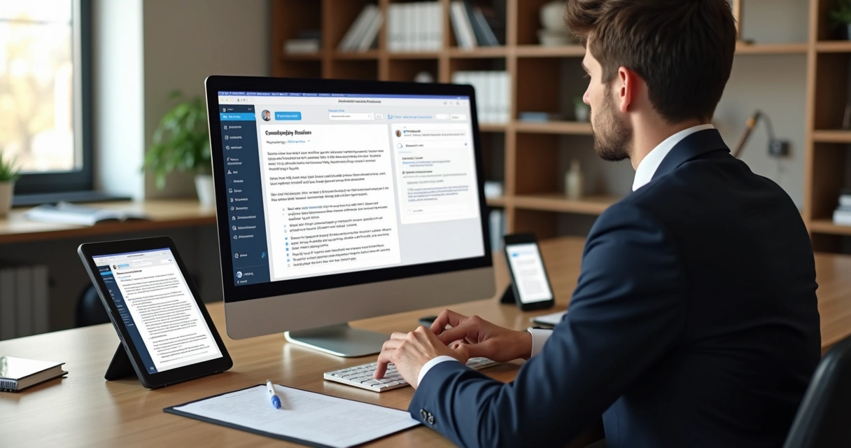 Advogado usando editor digital com petições automáticas no PJe em tela de computador moderno 
