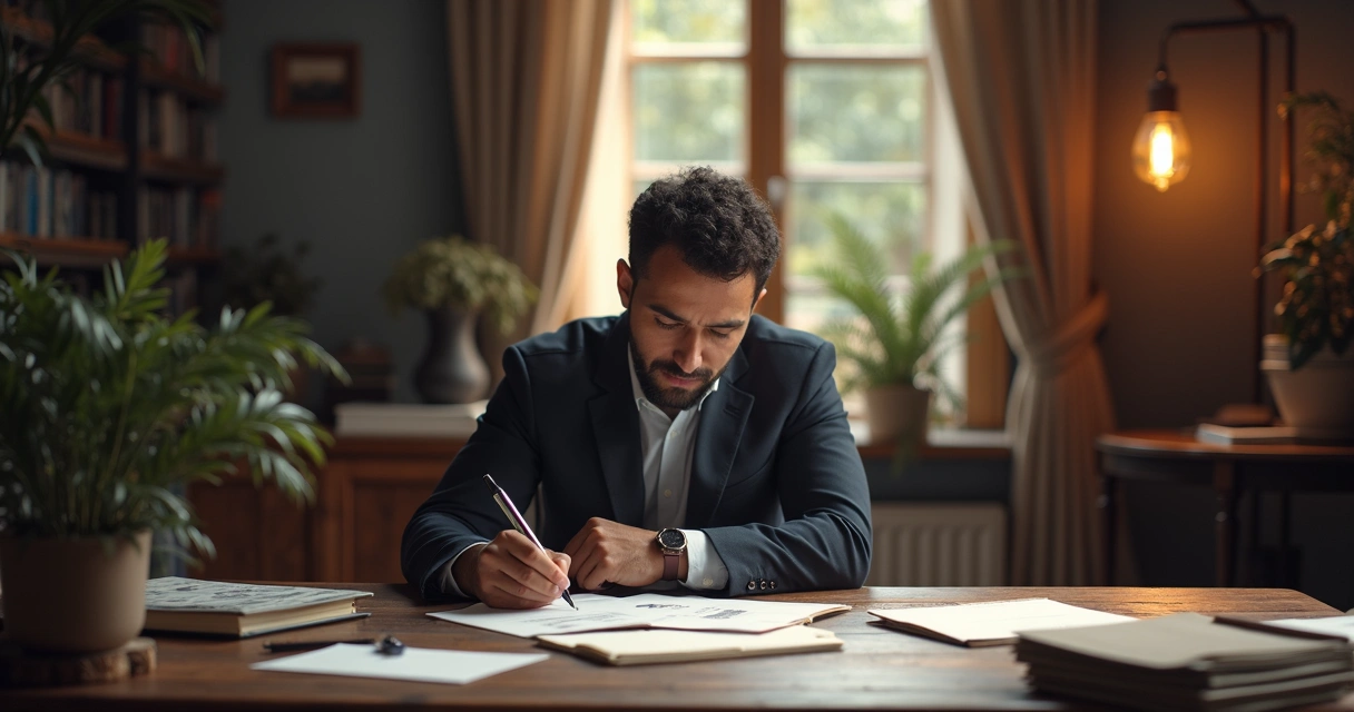Advogado usando software de IA jurídico num escritório moderno 
