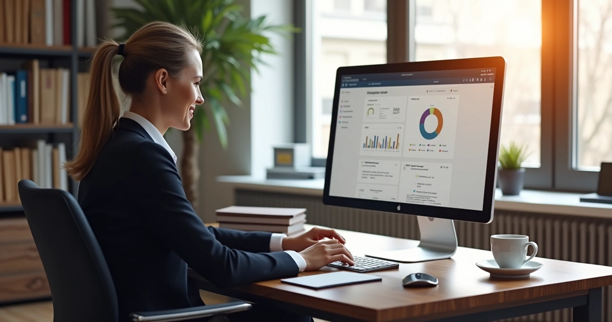 Advogado sorrindo ao usar software jurídico na mesa de trabalho.