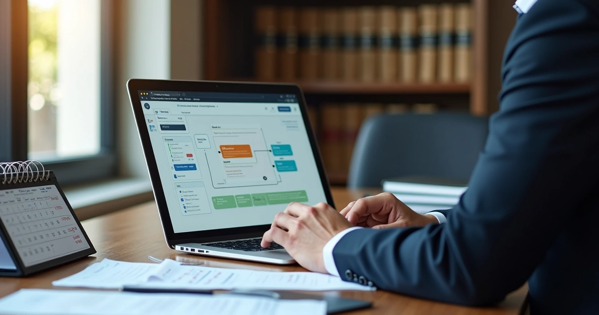 Advogado revisando automação jurídica na tela do computador 