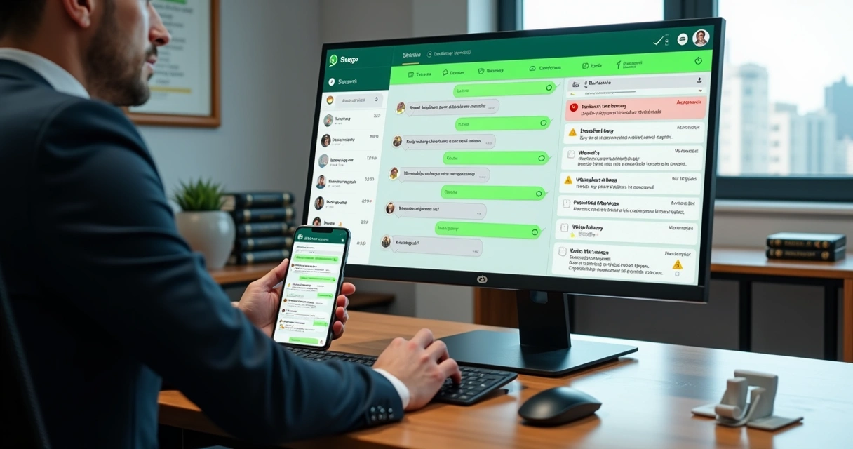 Advogado analisando mensagens no WhatsApp em painel profissional para evitar spam 
