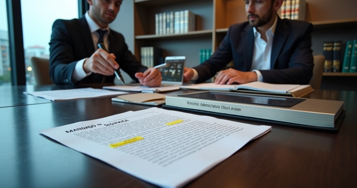 Advogados analisam processo administrativo disciplinar em ambiente corporativo moderno 