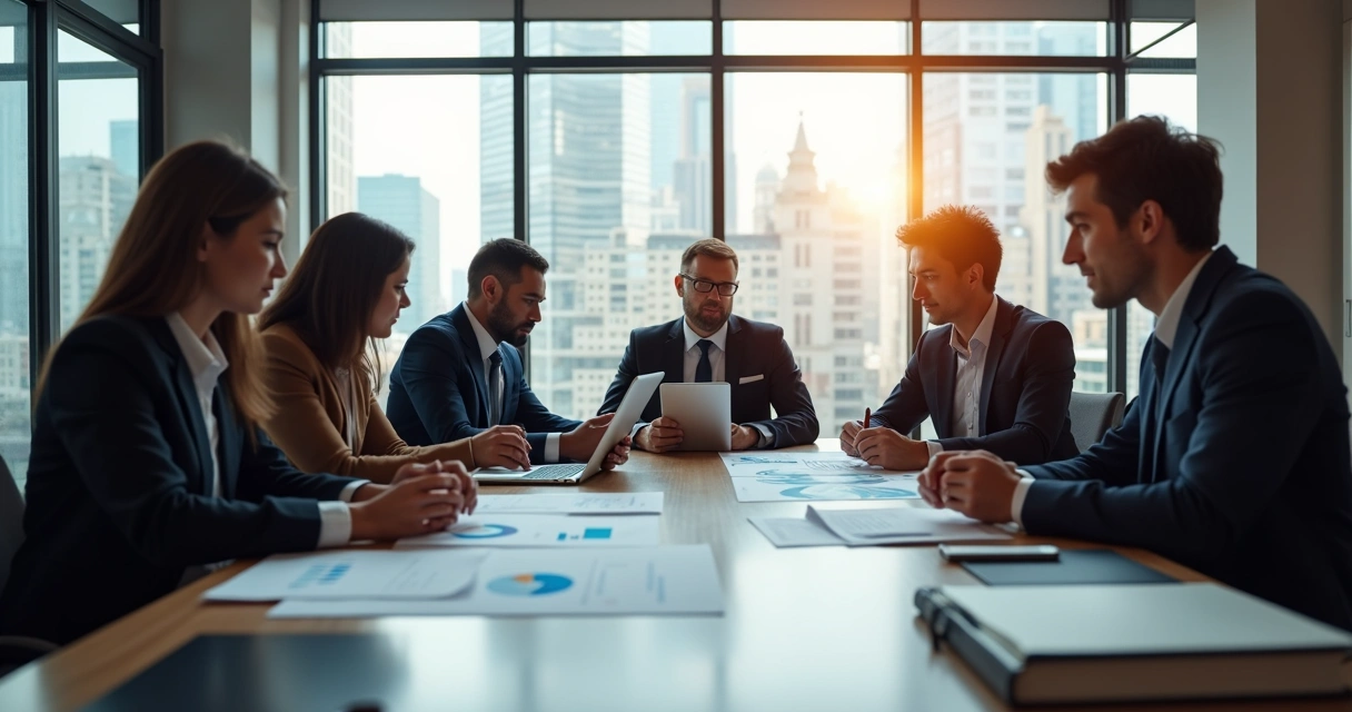 Equipe jurídica reunida analisando documentos e gráficos em escritório moderno 