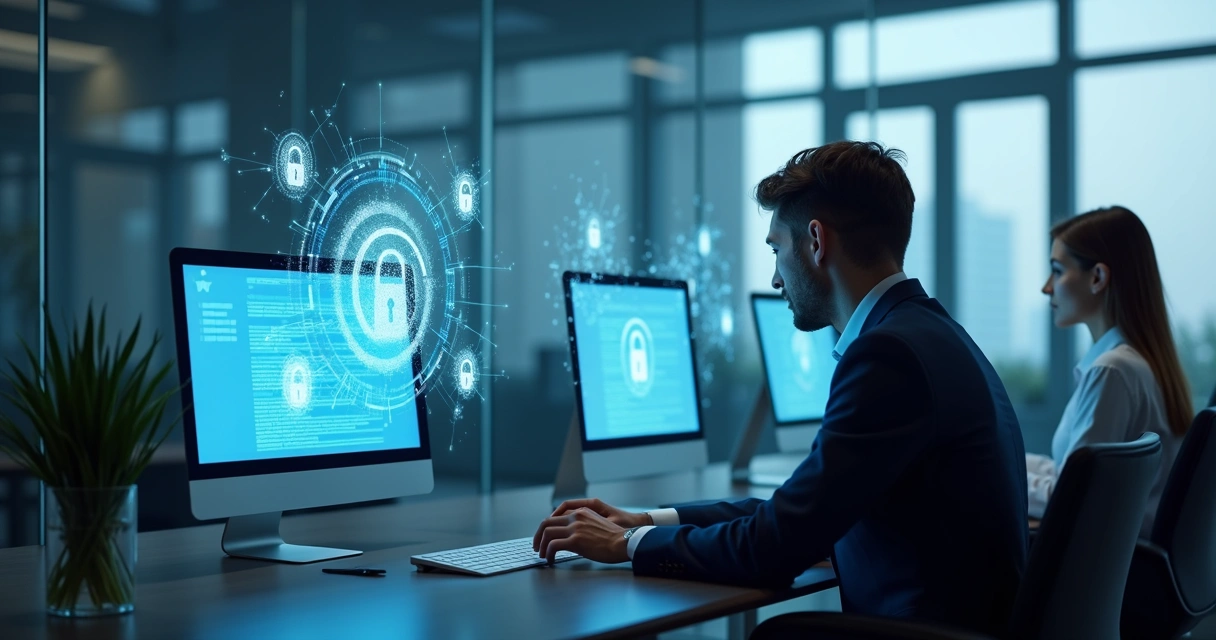 Advogados usando computadores com ícones de cadeados e segurança