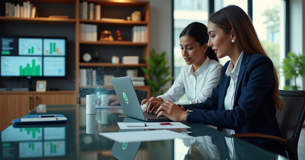 Advogados em ambiente moderno de escritório discutindo caso via consultoria pelo WhatsApp com tecnologia digital ao fundo 