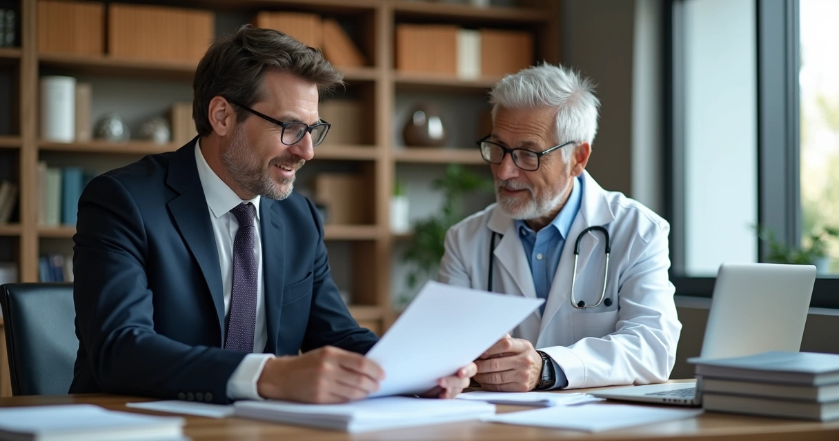 Advogado orientando médico em escritório 