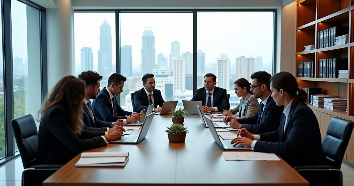 Equipe de advogados discutindo documentos em reunião dentro de escritório moderno 