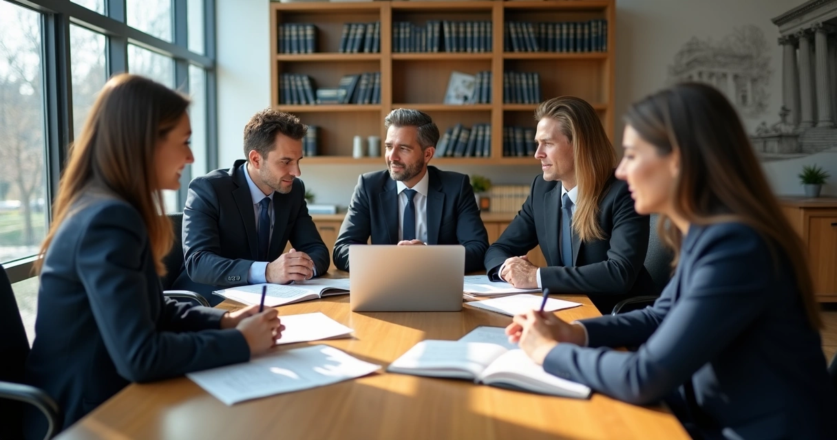 Advogados em reunião discutindo caso jurídico com documentos e laptop em ambiente formal de escritório 