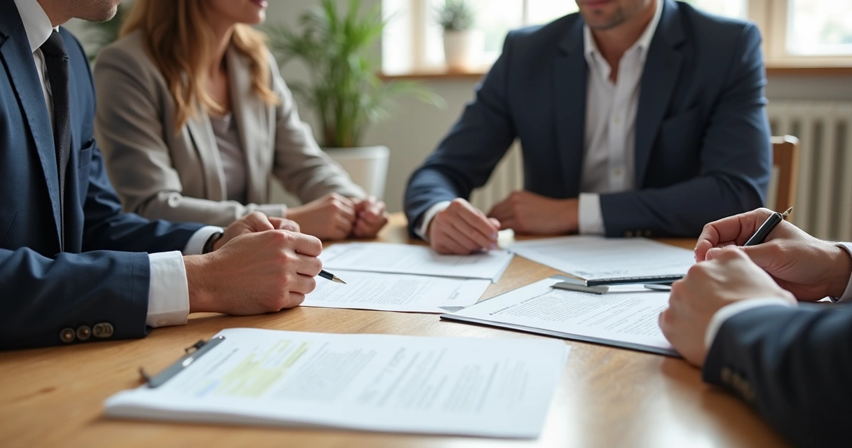 Advogado, casal reunido e documentos de divórcio em mesa