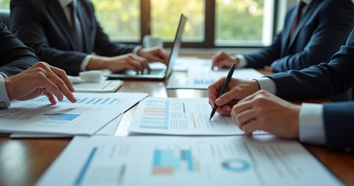 Advogados analisando documentos em reunião 