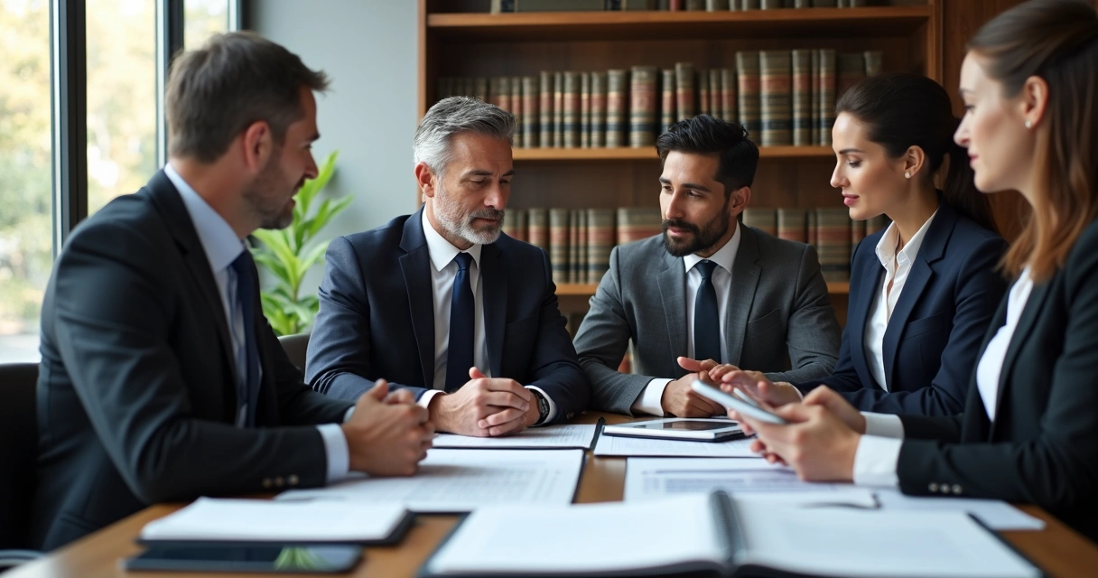 Advogados discutindo contratos em sala de reunião moderna 