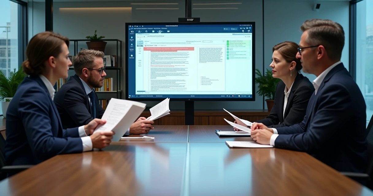 Advogados em reunião com tela mostrando análise automática de contrato 