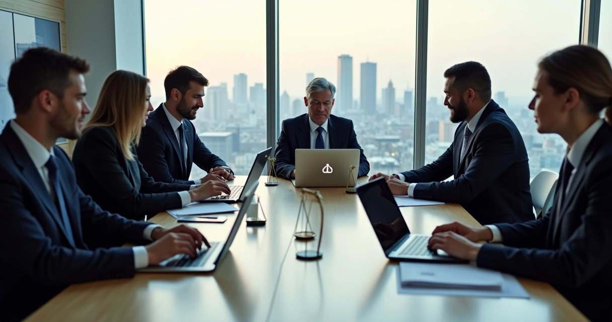 Advogados reunidos usando computadores em um escritório moderno 