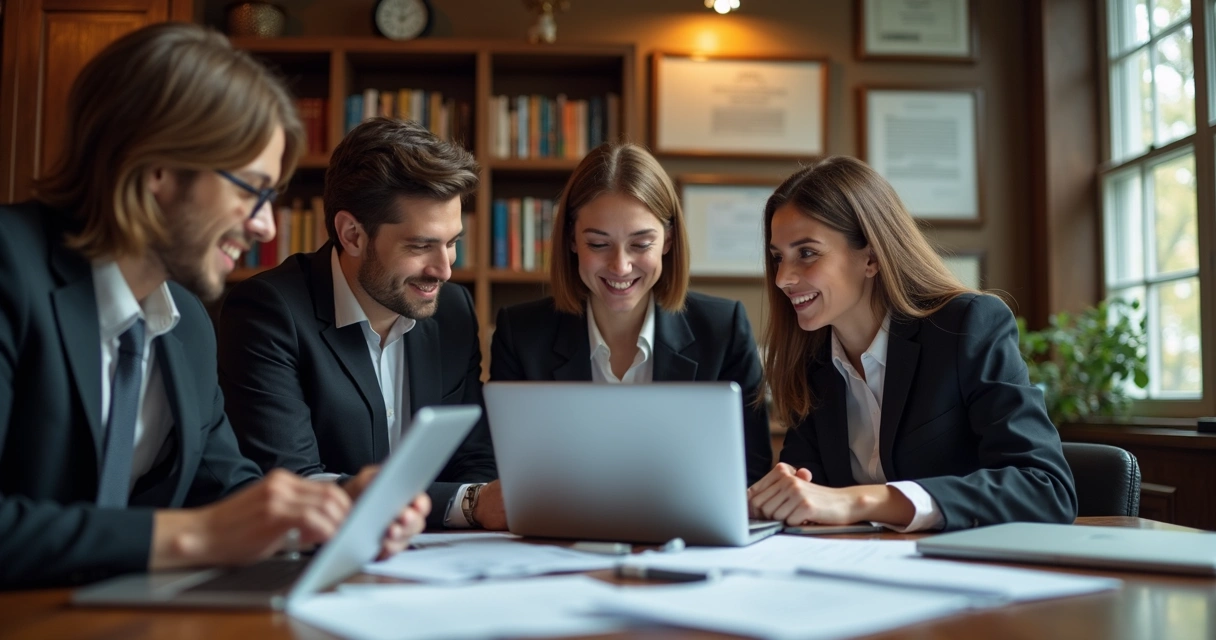 Pequeno grupo de advogados felizes trabalhando com tecnologia digital 