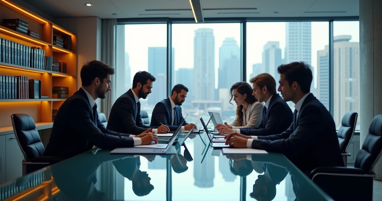 Equipe de advogados em sala de reunião moderna com computadores e documentos jurídicos 