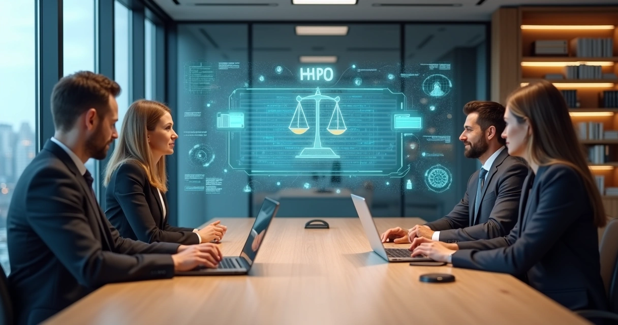 Equipe jurídica reunida em escritório moderno com interface de IA flutuando na mesa 