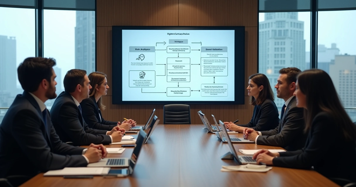 Equipe de advogados em reunião com tela exibindo fluxo de revisão contratual digital 