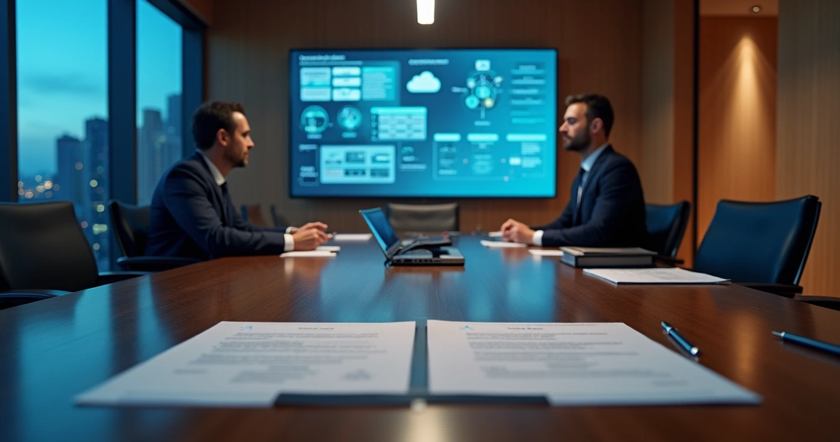 Mesa de reunião com advogados analisando contrato de tecnologia fiscal com interface de IA ao fundo 
