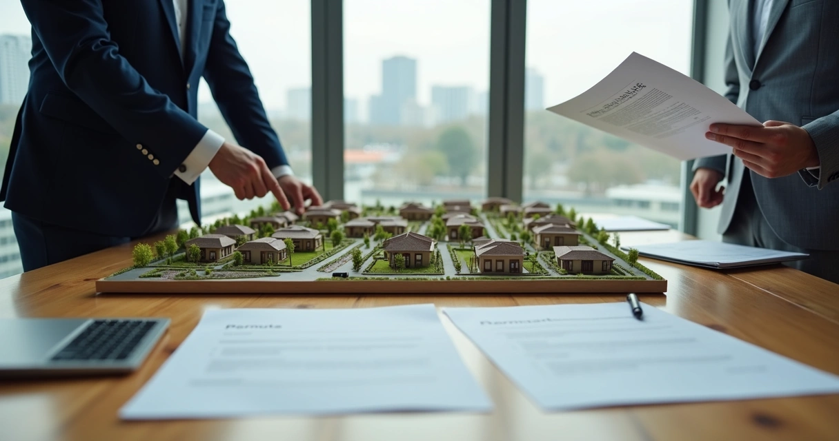 Dois advogados analisando contrato sobre maquete de loteamento urbano 