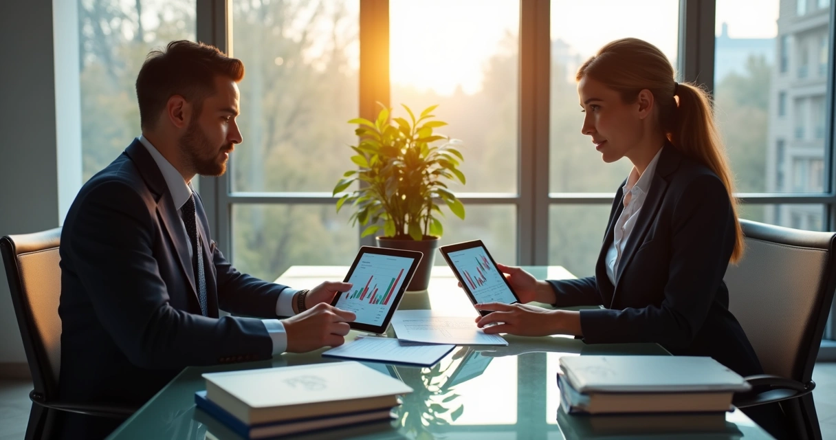 Dois advogados analisando gráficos financeiros em tablet 