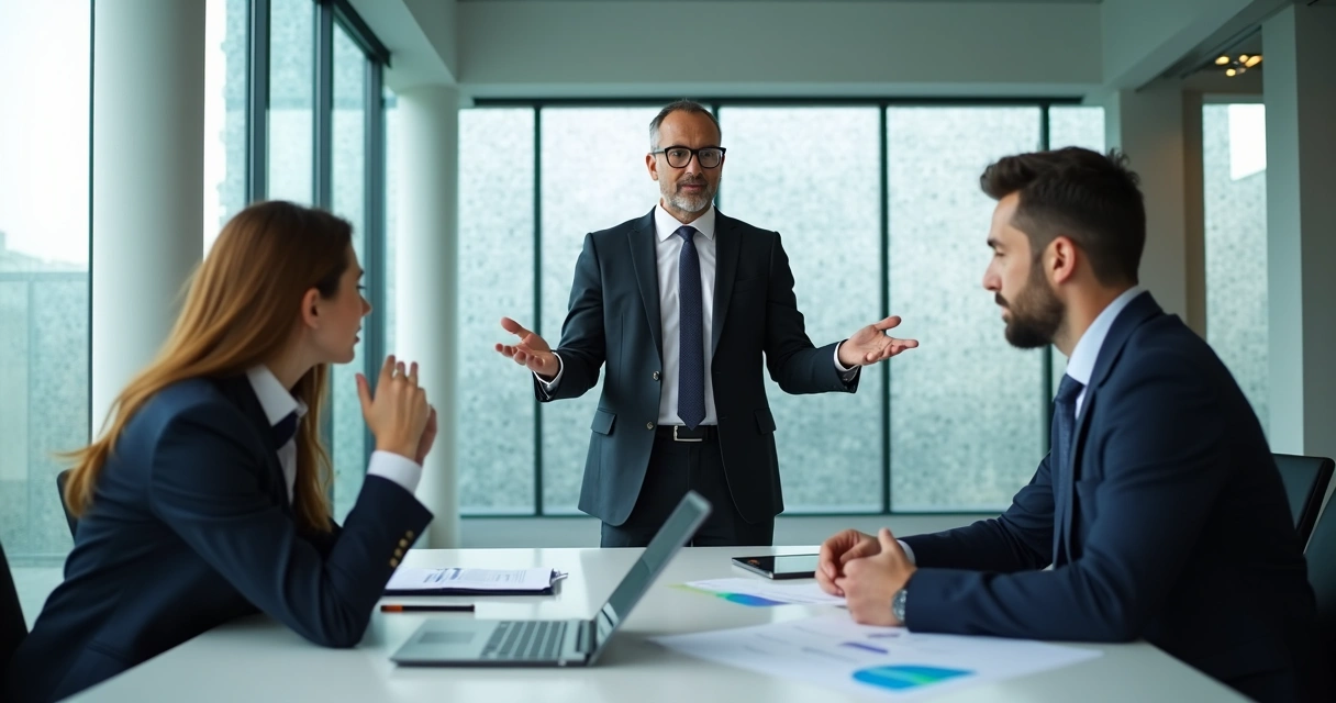 Advogado apresentando soluções tecnológicas para clientes em reunião 