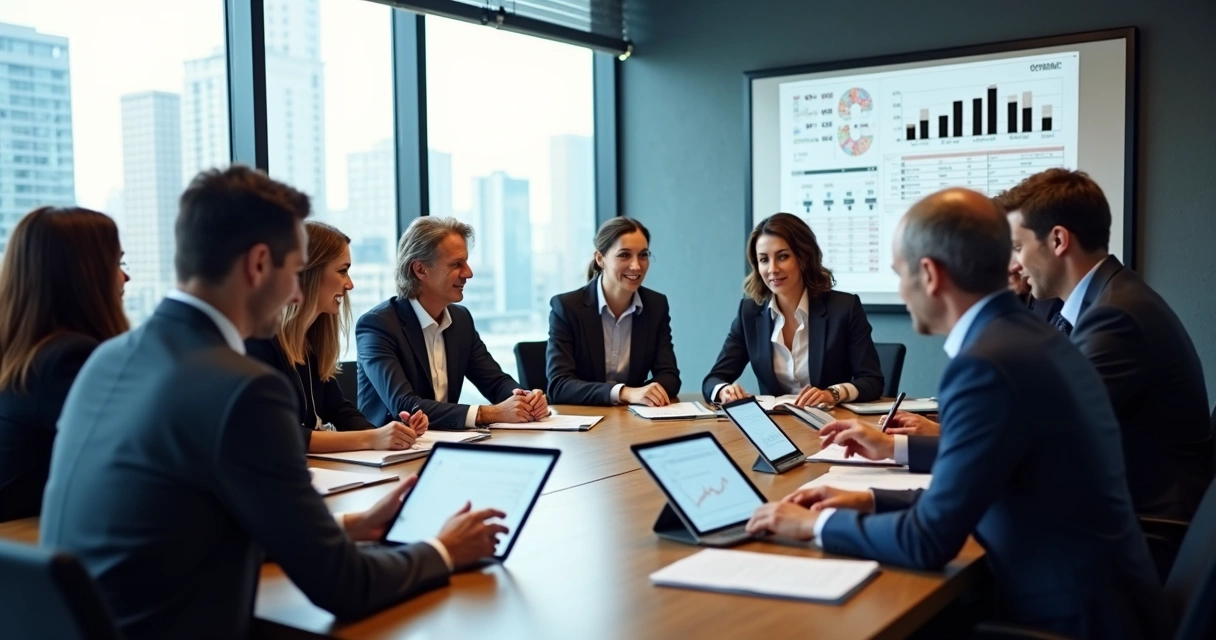 Advogados reunidos em uma mesa com planilhas financeiras, agenda digital e gráficos contábeis. 