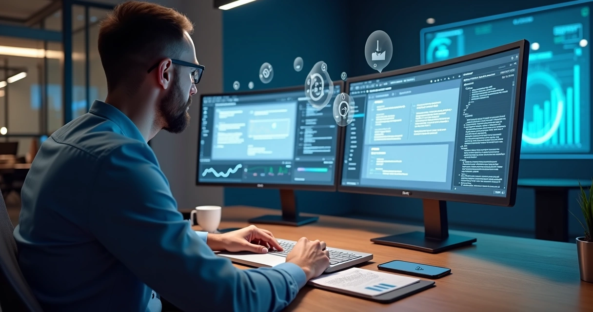 Profissional de marketing analisando conteúdo otimizado para IA em tela com gráficos e ícones de chatbots 