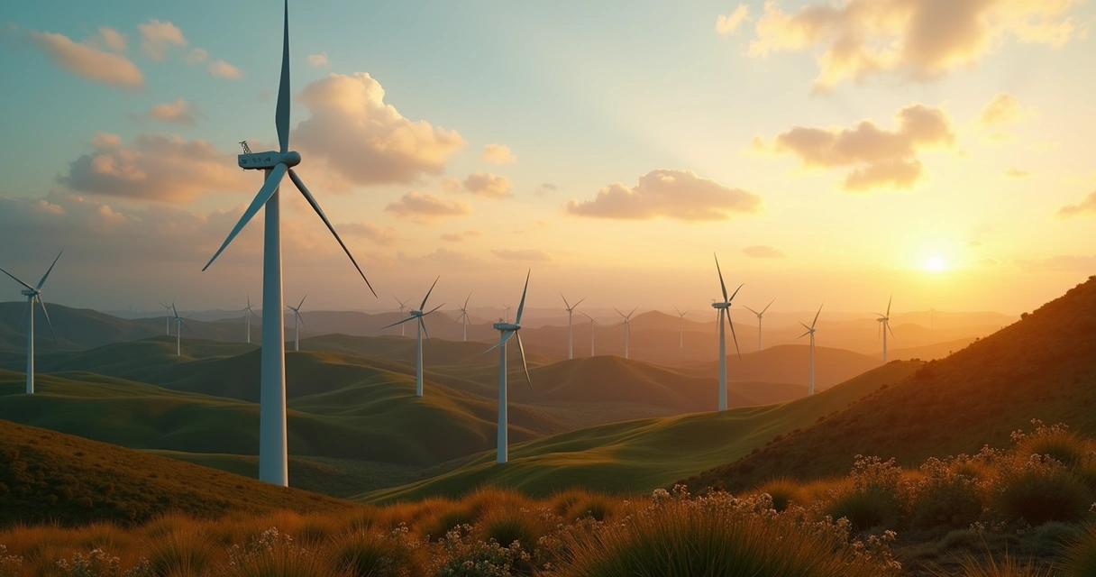 Parque eólico com aerogeradores em paisagem brasileira ao entardecer 