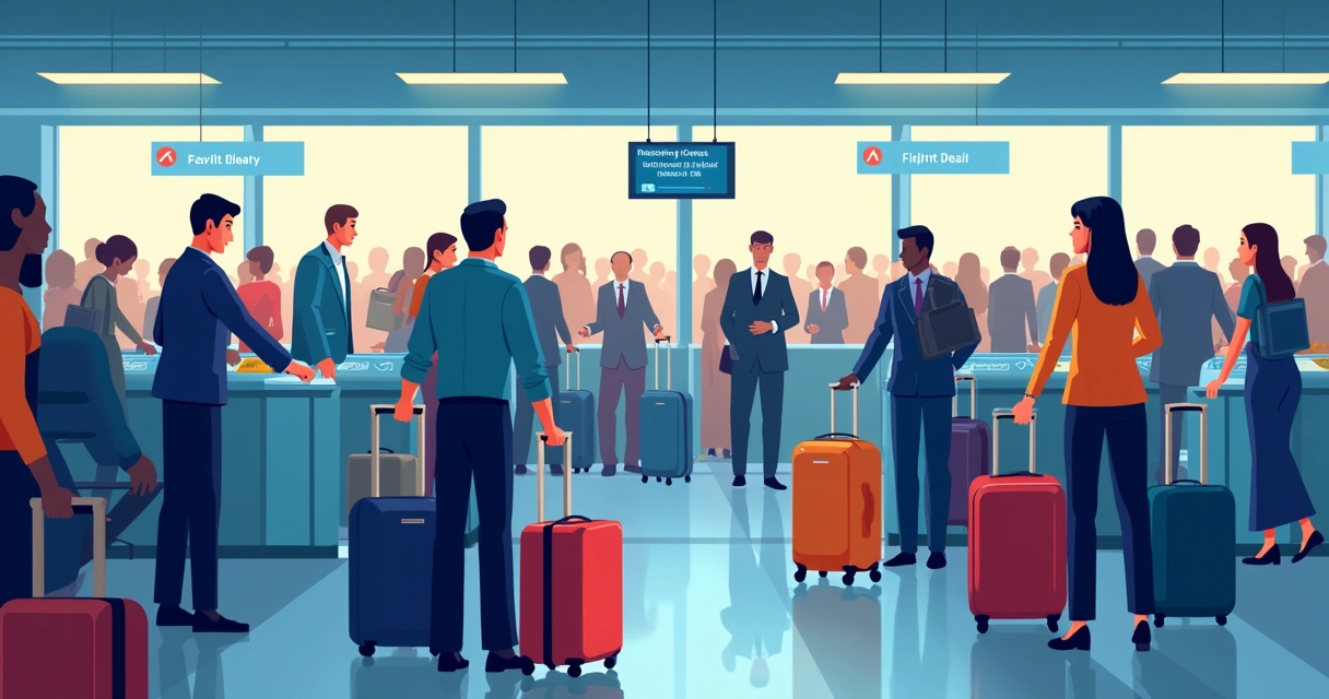Caos no aeroporto com passageiros, mala e controle congestionado 